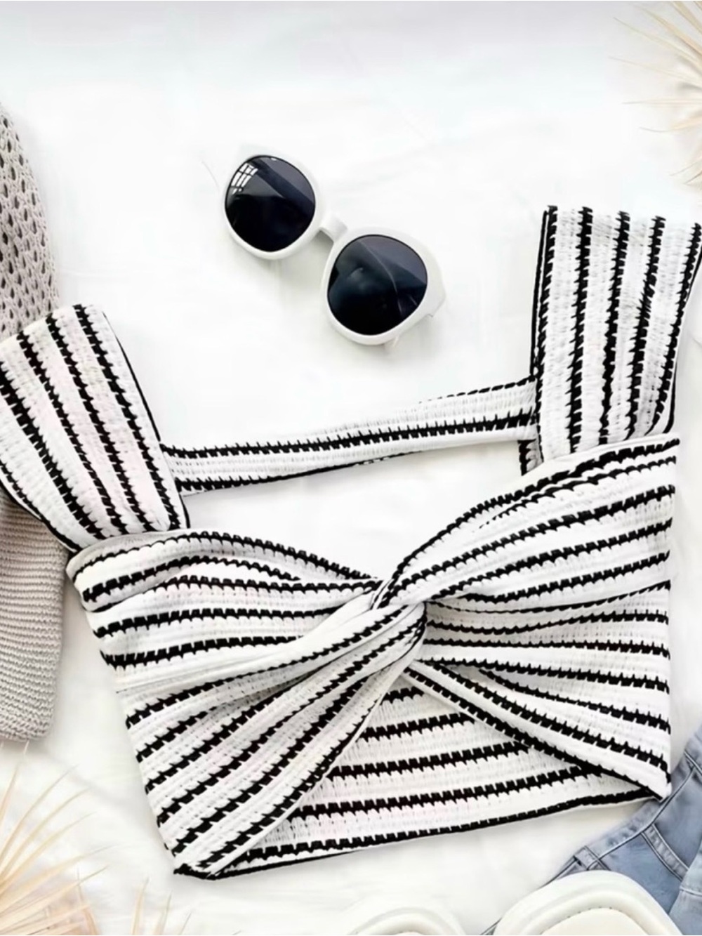 SHEIN Black & White Striped Knot Front Crop Top